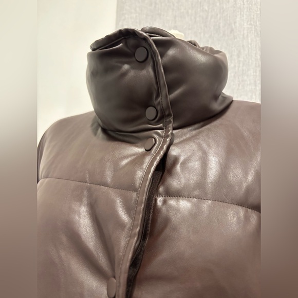 Zara Blogger Chocolate Brown Faux Leather Puffer Jacket Size L - Picture 8 of 17